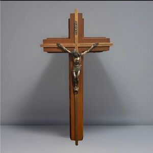 Vintage 12” Catholic Sick Call Crucifix INRI Wooden Brass And Silver Holy Water